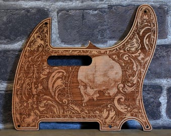 Wood Telecas Pickguard - Laser Engraved Skull Design Scratchplate for Electric Guitar, Unique Guitar Accessory