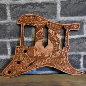 Wood Pickguard Y-Pacifica EG 112V HSS Style Guitar, Electric Guitar Scratchplate, Laser Engraved Human Skull Design, Guitar Parts