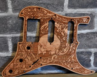 Laser Engraved Skull Wood Pickguard: Y-Pacifica EG 112V HSS Guitar Part