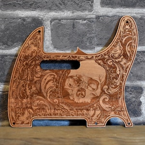 Kundenspezifisches Holz Pickguard - Laser gravierte Schädel-Design Kratzerplatte für E-Gitarre, einzigartiges Telecas Gitarren-Zubehör