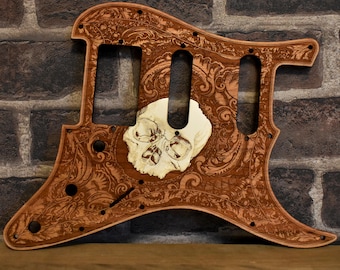 Skull Strato Guitar Pickguard: Laser Engraved Cherry Wood Plate - Hand Painted