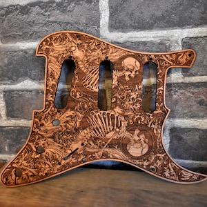 Handcrafted Wooden Strato SSS & HSS Pickguard with Human Skeleton Design | Fits 8/11 Holes | Unique Guitar Scratchplate | Gift for Guitarist