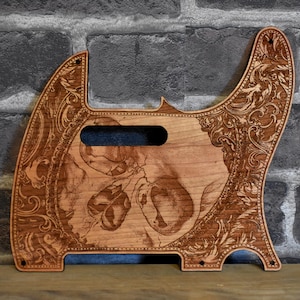 Schädel Telecast Pickguard - Laser Gravierte Holz Kratzerplatte, Passend für 5 oder 8 Loch Modelle