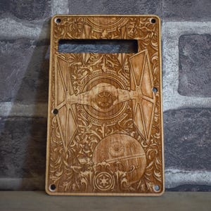 Custom Strato Tremolo Backplate - Laser Engraved Wood Design, Fits HSS / SSS Models Electric Guitars