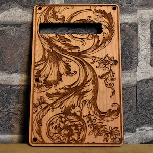 Custom Strato Tremolo Backplate - Laser Engraved Wooden Floral Design, Fits HSS / SSS Models