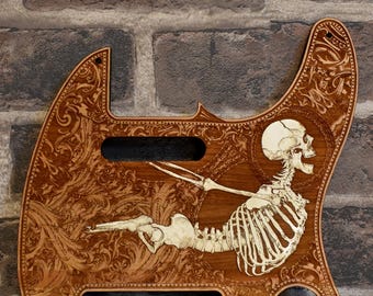 Wood Pickguard for Telecas Electric Guitar - Laser Engraved Human Skeleton Hand Painted