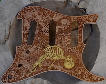 Skeleton Wooden Pickguard: Strato SSS/HSS Guitar Part Laser Engraved Hand Painted