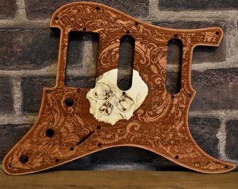 Y-Pacifica Pickguard Laser Engraved Cherry Wood: Human Skull Design for EG 112V HSS