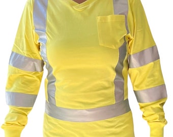 Camisa feminina de segurança de manga comprida de alta visibilidade Anc Workwear com listras reflexivas, tecido respirável e bolso conveniente