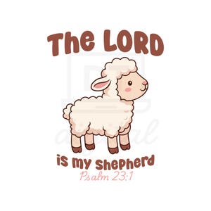 Może przedstawiać: Kreskówka przedstawiająca owcę z napisem "The LORD is my shepherd Psalm 23:1" w kolorze brązowym i różowym. Owca jest biała z różowym nosem i uszami oraz brązowymi kopytami.