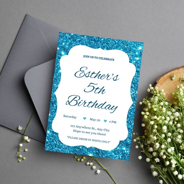 Blue Glitter Frame Birthday Invitation - Sparkling Party Invite for [Age] Celebration - Customizable Personalized Card