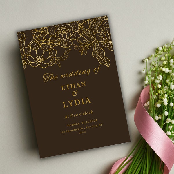 Elegant Black Wedding Invitation with Gold Floral Accents - Timeless Sophistication