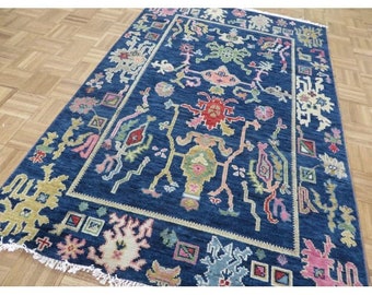 Hand Knotted Navy Blue Funky Oushak Oriental Rug