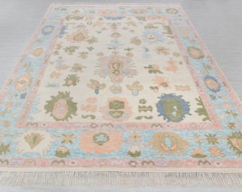 9x12 Ivory Blue colorful Modern Vintage Oushak Flower Rug Hand Knotted Oriental rug | Free shipping