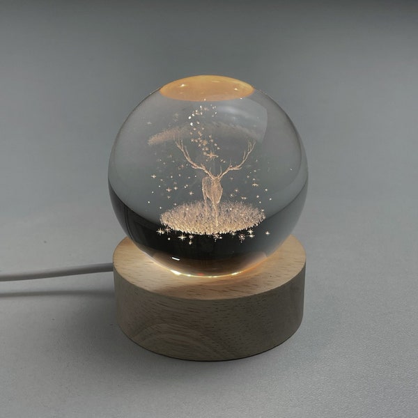 Veilleuse wapiti personnalisée, lampe de table boule à neige cerf, cadeau d'anniversaire personnalisé, décoration d'intérieur mignonne, lampe de bureau boule de cristal, cadeau bébé personnalisé