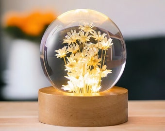 Witte Daisy Hars Bal, Echte Bloem Nachtlamp, Paardebloem Nachtlampje, Bewaarde Bloem Nachtlampje, Eeuwige Bloem Nachtlamp, Cadeau voor mama