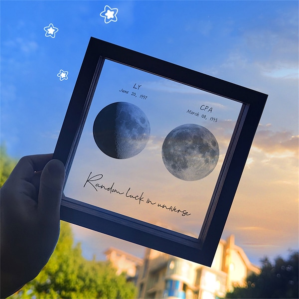 Custom Moon Print Frame, Night We Met Anniversary Gift, Personalized Moon Phases Photo Frame, Lunar Print Wood Frame, Day You Were Born Gift