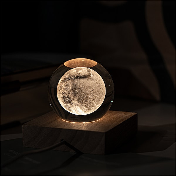 Veilleuse lune personnalisée, lampe lunaire imprimée en 3D, lampe de bureau boule de cristal lunaire, cadeau commémoratif boule de neige personnalisée, décoration de chambre planète spatiale