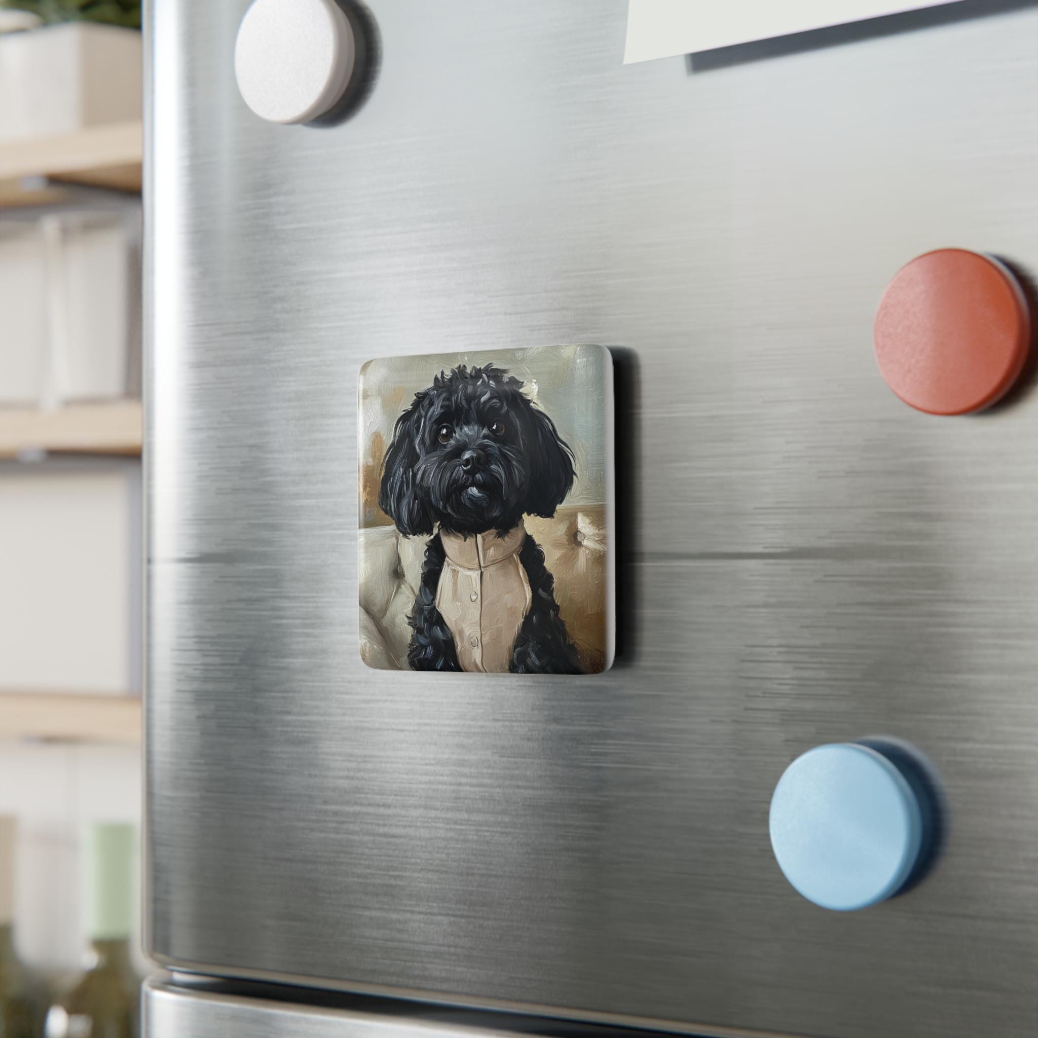 かわいい四角い磁器製マグネット。美しい子犬 の肖像画。座っている黒いキャブードル。ミニマルなスカンジナビアスタイル。キャブードルママへのギフト。マグネット。犬好きへのギフト。 - Etsy 日本, image size:2048x2048