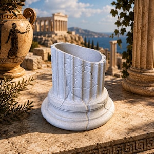 Peut inclure: Un pot de fleurs cylindrique blanc et moucheté, conçu pour ressembler à une base de colonne classique brisée et usée. L'objet présente des cannelures verticales, une large base circulaire et un bord supérieur irrégulier et dentelé.
