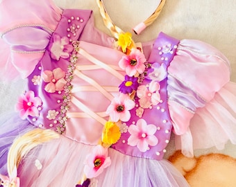 Princess Rapunzel Dress for Girl | Toddler Purple Tulle Gown | Birthday Party Outfit | Flower Girl Dress with Braid | Party Dress-up Set