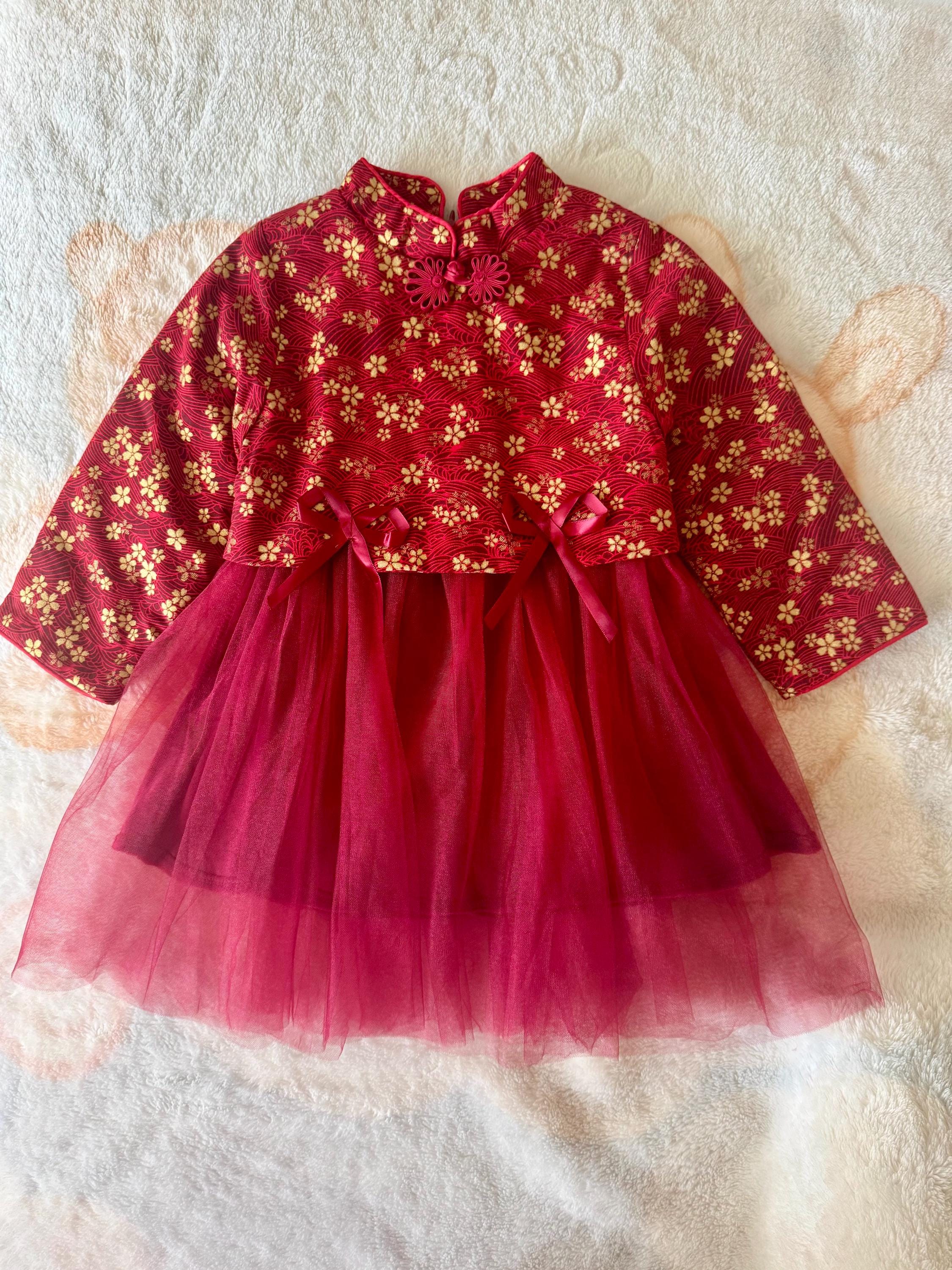strapless open back dress Chanderi Banarasi Red & Cream Frock for Baby Girls