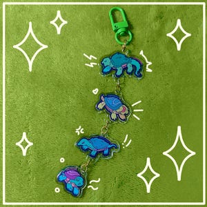 May include: A keychain featuring four turtle charms in shades of blue, purple, and teal, connected by small metal rings. The keychain has a green clasp at the top. The background is a solid green color with white star-shaped designs.