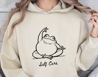 Funny Frog Self Care Sweatshirt, Funny Frog Self Care Retro Hoodie, Birthday Gift For Her, Cottagecore Frog Sweatshirt, Positive Vibe