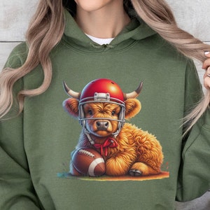 Highland Cow Football Hoodie, Cozy Athletic Sweatshirt, Highlander cow Shirt, Comfy Game Day Sweater, Cow in Helmet, Football Sweatshirt