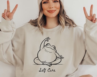 Funny Frog Self Care Sweatshirt, Frog Lover Gift, Birthday Gift For Her, Cottagecore Frog Sweatshirt, Positive Vibe