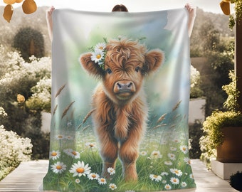 Charming Daisy Cow Velveteen Blanket | Cozy Floral Farmhouse Decor", Highlands Cow Blanket, Boho Farmhouse Throw, Highlander Cow,