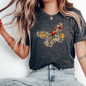 Vintage Butterfly Shirt, cute distressed Tee, Wildflower t-shirt,  Botanical Floral Tee, Mom Flower shirt, Butterfly Shirt, Butterfly gift