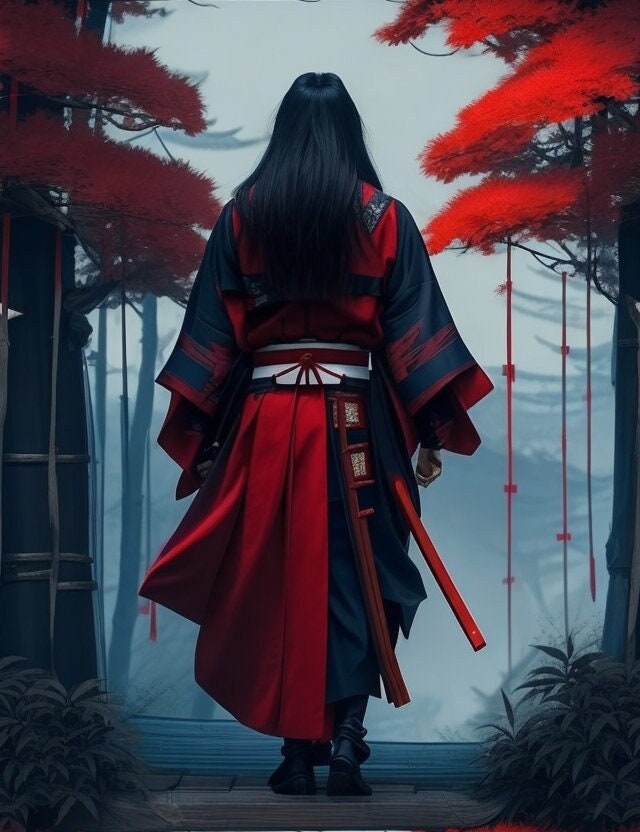 Traditional Samurai With Long Hair in Red Forest. - Etsy
