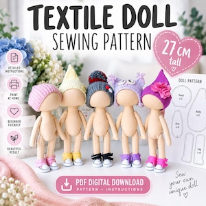 Puede incluir: Cinco muñecas de tela con cuerpos beige y zapatos de tela, cada una con un gorro de punto de diferente color. La imagen incluye texto: TEXTILE DOLL SEWING PATTERN, 27 cm tall, PDF DIGITAL DOWNLOAD, y un diagrama etiquetado DOLL PATTERN con formas de cabeza, cuerpo, brazo y pierna.