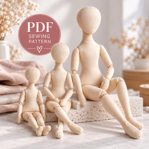 May include: Three beige fabric dolls of varying sizes with rounded heads and articulated limbs. A circular graphic overlay in the upper left corner features the text PDF SEWING PATTERN with a heart symbol below the text.