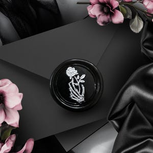 Skeleton Hand & Gothic Rose Wax Seal Sticker – Handpoured Soy Wax, Elegant Gothic Wedding Envelope Seal
