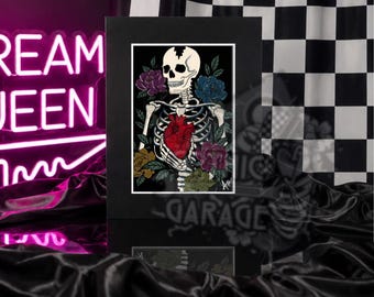 Skeleton Heart Art Print – Gothic Anatomical Wall Art with Dark Florals