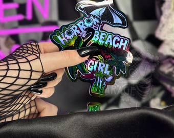 Pegatina de chica de playa de terror – Flamenco gótico, brillante u holográfica