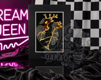 Black & Gold Anatomical Heart Art Print – Gothic Wall Decor for Dark Romantic Homes