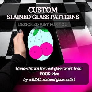May include: A digital tablet displays a custom stained glass pattern design. The design features numbered sections in various colors, including pink, green, and blue. Text on the image reads "CUSTOM STAINED GLASS PATTERNS DESIGNED JUST FOR YOU."