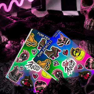 May include: Two sticker packs with a punk theme. The stickers feature images of roller skates, cherries, hearts, skulls, and the words "Punk Princess" and "Gothic Garage". The stickers have a colorful, holographic background.
