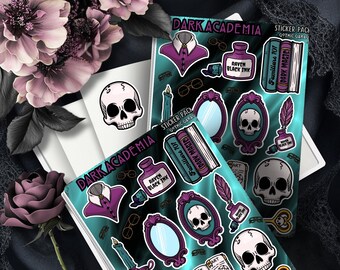 Gothic Dark Academia Sticker Sheet: Books, Skulls, and Raven Ink
