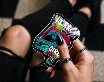 Retro Horror Girl Waterproof Sticker – Vintage Gothic TV Design