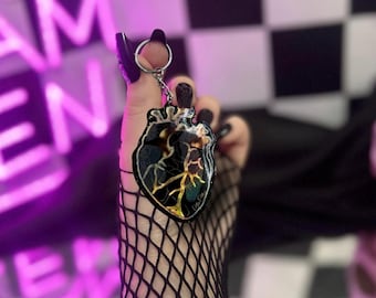 Anatomical Heart Keychain – Gothic Glitter Black & Gold Acrylic Keychain for Alternative Gifts