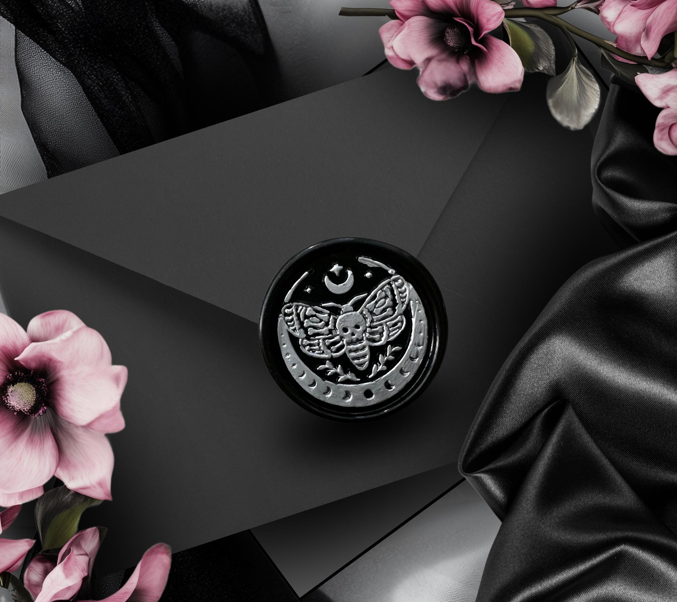 Handpoured Gothic Moth Wax Seal Sticker: Celestial Moon Wedding Envelope