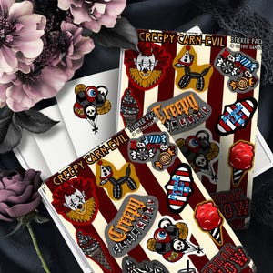 Folha de adesivos de carnaval assustadores – Estética de palhaço de circo de terror – Perfeito para scrapbooking assustador e colecionador ou exibição