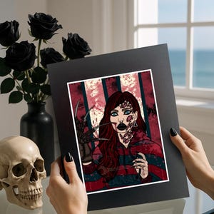 Retro Female Horror Villain Art Print – Gothic Slasher Girl Wall Art, 8x6 or 11x14