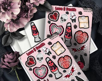 Gothic Love & Death Sticker Sheet – Witchy Aesthetic, Holographic or Glossy Finish, Perfect for Journaling and Scrapbooking