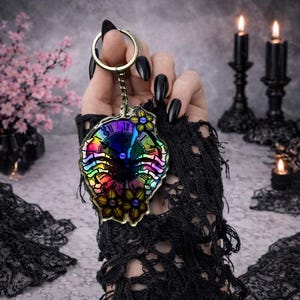 Skeleton Clock Keychain – Holographic Resin Key Ring with Gothic Flowers & Skull Hands