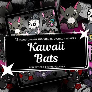 May include: A digital sticker set featuring 12 hand-drawn illustrations of bats with pink ears, some holding ice cream or lollipops, alongside skulls and hearts. A black rectangular overlay displays the text 12 HAND DRAWN INDIVIDUAL DIGITAL STICKERS Kawaii Bats PERFECT FOR DIGITAL PLANNER.